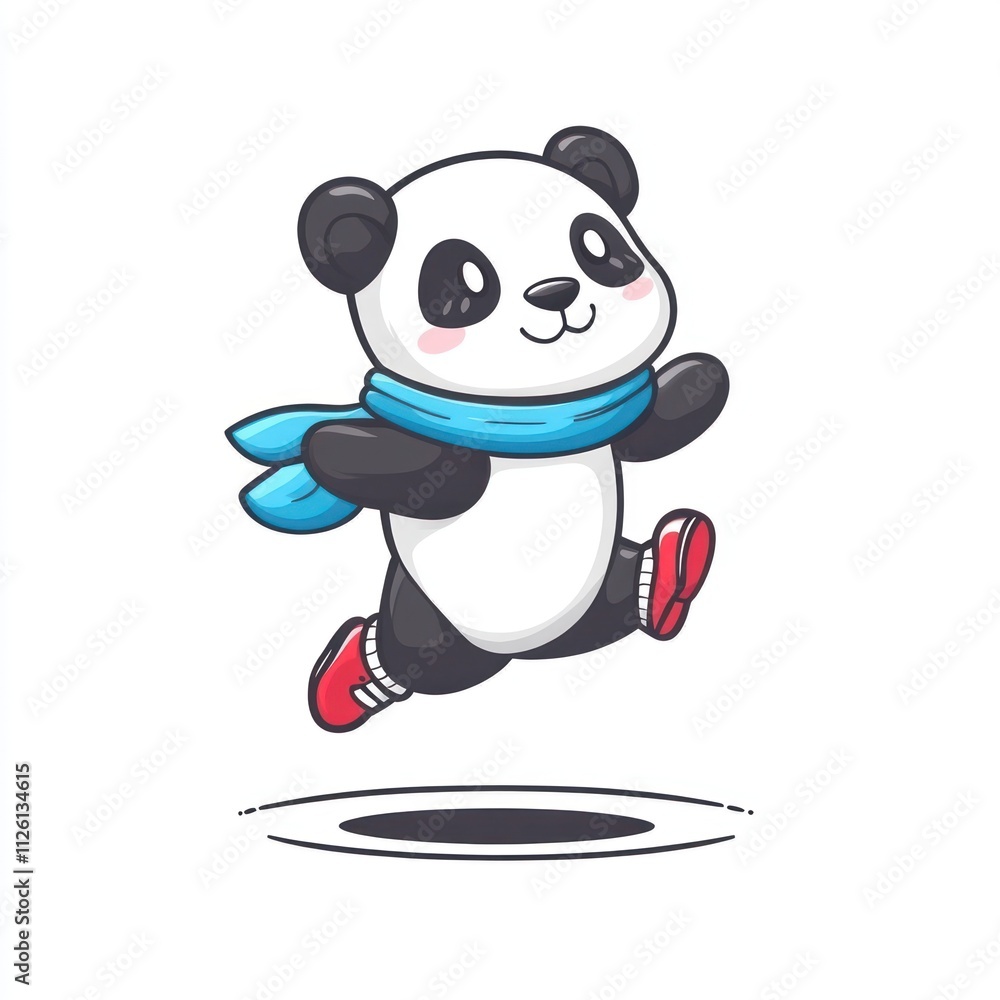 A cute cartoon panda wearing a blue scarf and red shoes, joyfully jumping. A cute cartoon panda wearing a blue scarf and red shoes, joyfully jumping.
