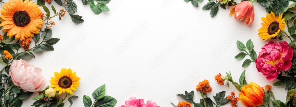 A vibrant floral arrangement framing a blank space for text or design. A vibrant floral arrangement framing a blank space for text or design.