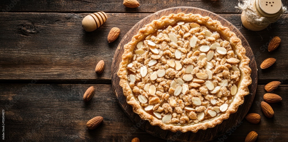 A delicious almond pie with sliced almonds on a wooden table, surrounded by almonds and honey. A delicious almond pie with sliced almonds on a wooden table, surrounded by almonds and honey.