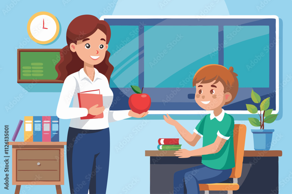 Teacher offering an apple to a student in a classroom Teacher offering an apple to a student in a classroom