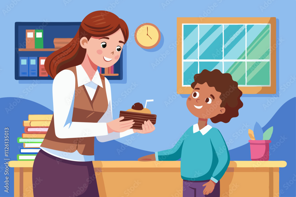Teacher offering a chocolate to a student in a classroom Teacher offering a chocolate to a student in a classroom