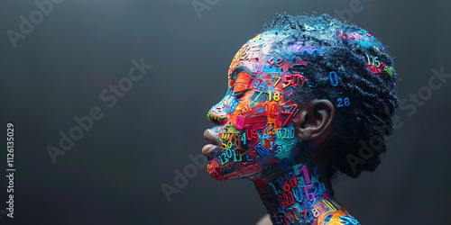 A vibrant figure adorned with colorful numbers stands in a digital environment expressing creativity. Header banner mockup with copy space.