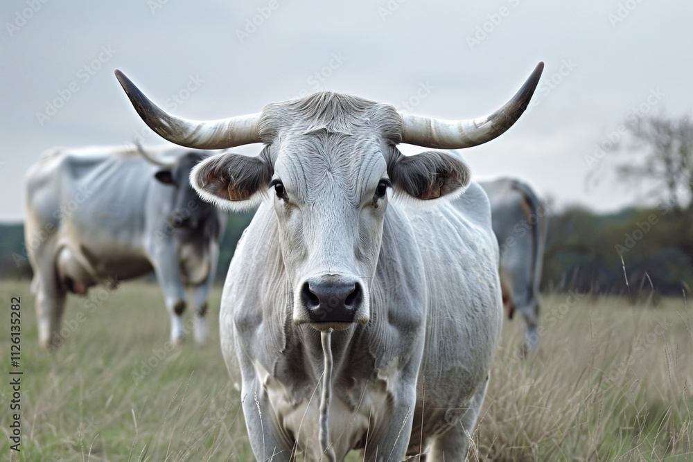Hungarian Gray cattle grazing peacefully in a grassy field under overcast skies Hungarian Gray cattle grazing peacefully in a grassy field under overcast skies