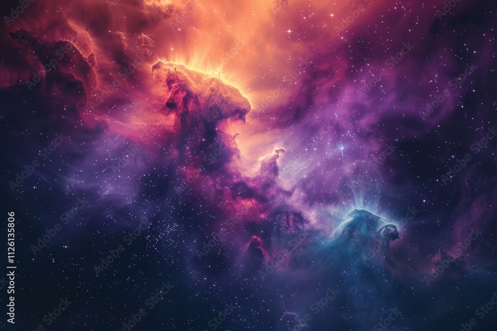 Fototapeta premium Colorful clouds of gas and dust swirl together, illuminated by the light of distant stars, creating a mesmerizing nebula that showcases the beauty of space.