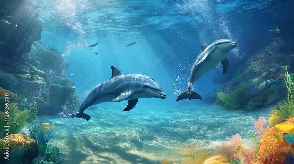 Obraz premium Playful Dolphins Dancing in the Crystal Clear Underwater Reef