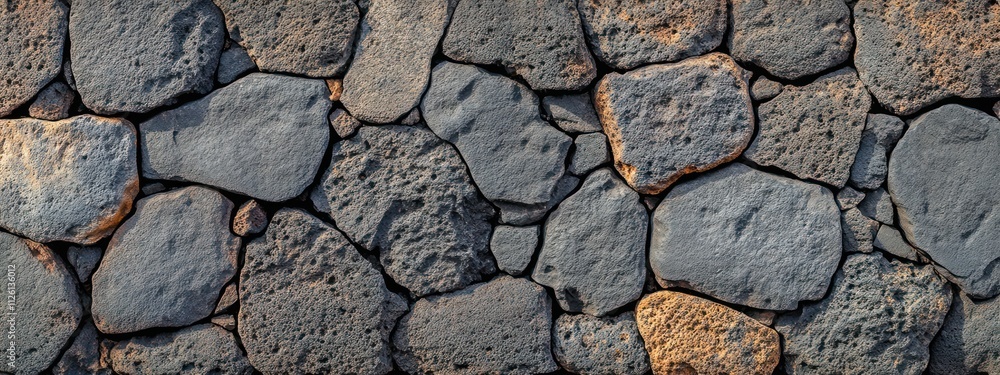 A textured wall made of various sizes of volcanic stones. A textured wall made of various sizes of volcanic stones.
