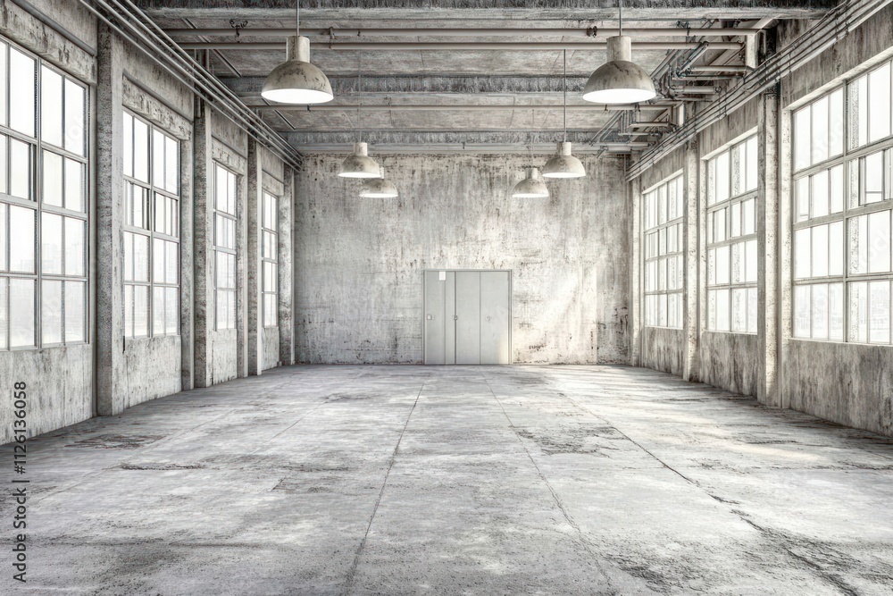 A spacious, empty industrial room with large windows and metal fixtures. A spacious, empty industrial room with large windows and metal fixtures.