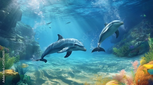 Playful Dolphins Dancing in the Crystal Clear Underwater Reef