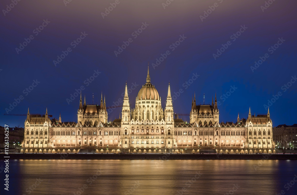 Fototapeta premium Budapest, Hungary, parliament, december, landscape, buildings, Danube, river, history, boats, night, budapest, europe, water, church, building, town, panorama, tower, cathedral, hungary, travel, view