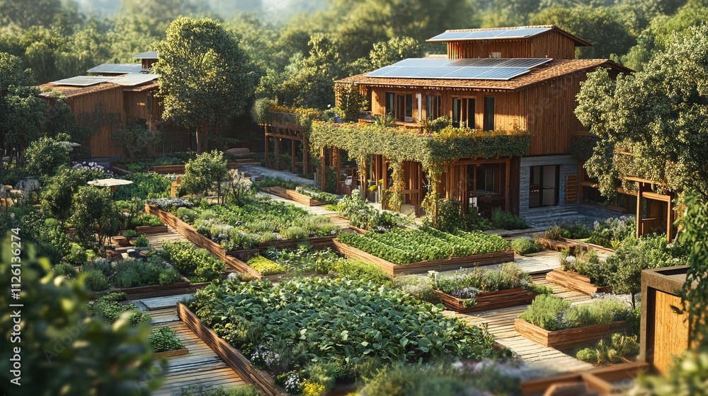 Fototapeta premium Sustainable ecovillage blueprint with organic gardens, solar energy