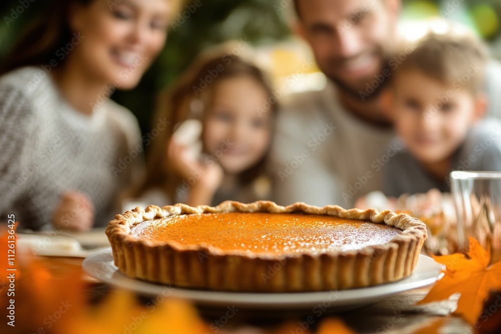 A family enjoying a festive meal with a pumpkin pie centerpiece. A family enjoying a festive meal with a pumpkin pie centerpiece.