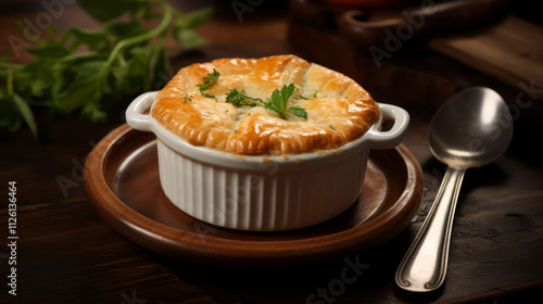 Chicken pot pie with a golden flaky crust
