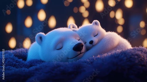 Cozy polar bear cubs sleeping under soft lights arctic setting animated content nighttime heartwarming scene