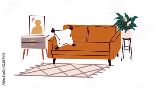 Sofa in cozy living room. Modern interior design with cushion on couch, picture on side table, carpet and plant. Home furniture and decoration. Flat vector illustration isolated on white background