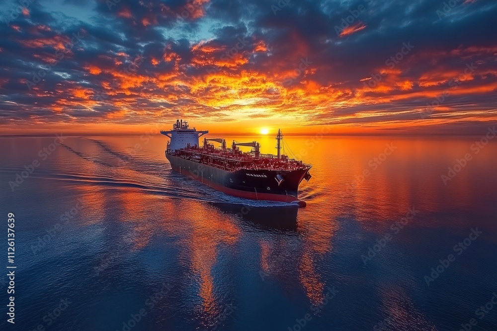 Cargo ship navigating at sunset calm waters aerial view maritime industry tranquil seascape Cargo ship navigating at sunset calm waters aerial view maritime industry tranquil seascape