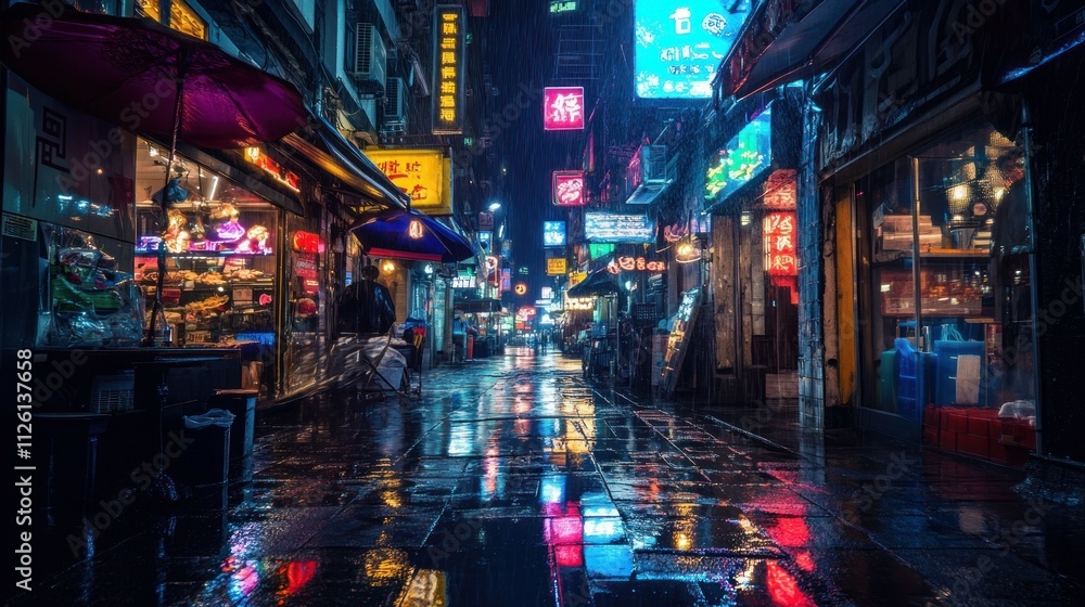 Rainy night street scene with vibrant neon signs reflecting on wet pavement. Rainy night street scene with vibrant neon signs reflecting on wet pavement.