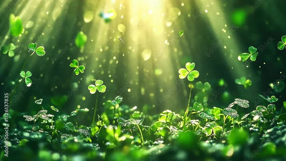 Sunlit forest floor with dew-covered shamrocks and glowing sunbeams. Happy St. Patrick's Day. Saint Patrick Sunlit forest floor with dew-covered shamrocks and glowing sunbeams. Happy St. Patrick's Day. Saint Patrick