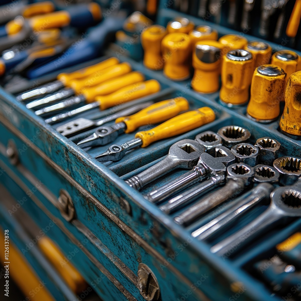 A well-organized toolbox filled with various hand tools for mechanical work. A well-organized toolbox filled with various hand tools for mechanical work.