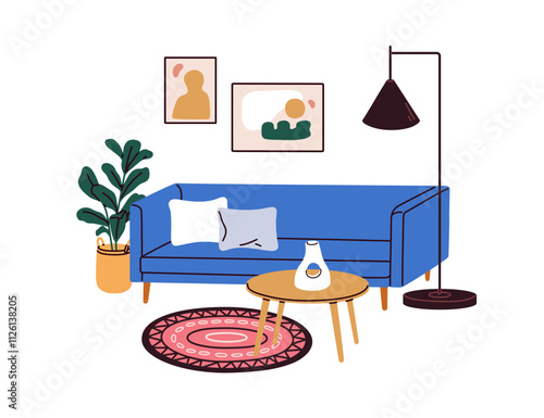 Cozy living room interior design, couch and coffee table. Sofa with cushions, potted plant, pictures on wall. Comfortable furniture and decor. Flat vector illustration isolated on white background