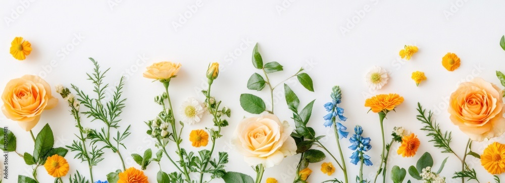 A vibrant arrangement of various flowers and greenery on a white background. A vibrant arrangement of various flowers and greenery on a white background.