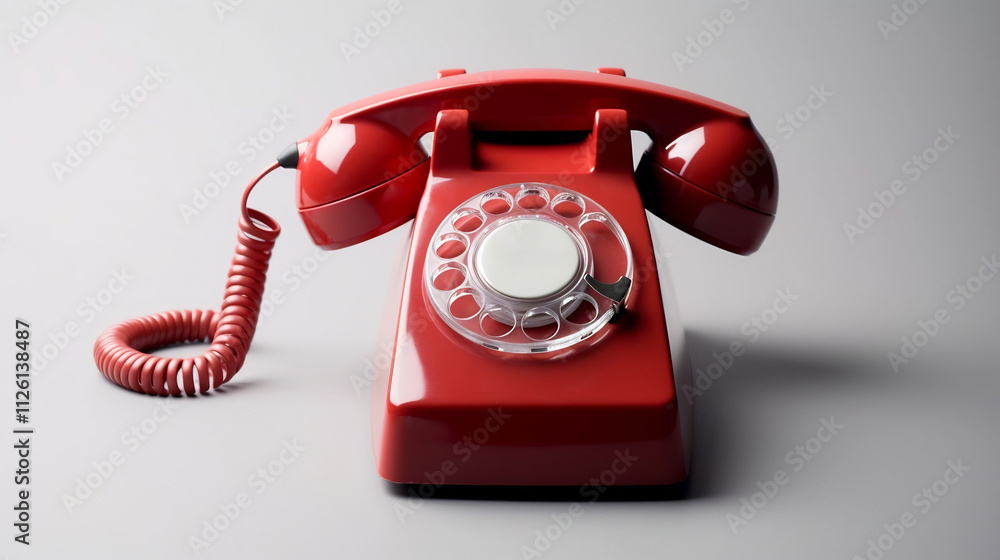Bright Red Retro Telephone on Light Gray Background Bright Red Retro Telephone on Light Gray Background