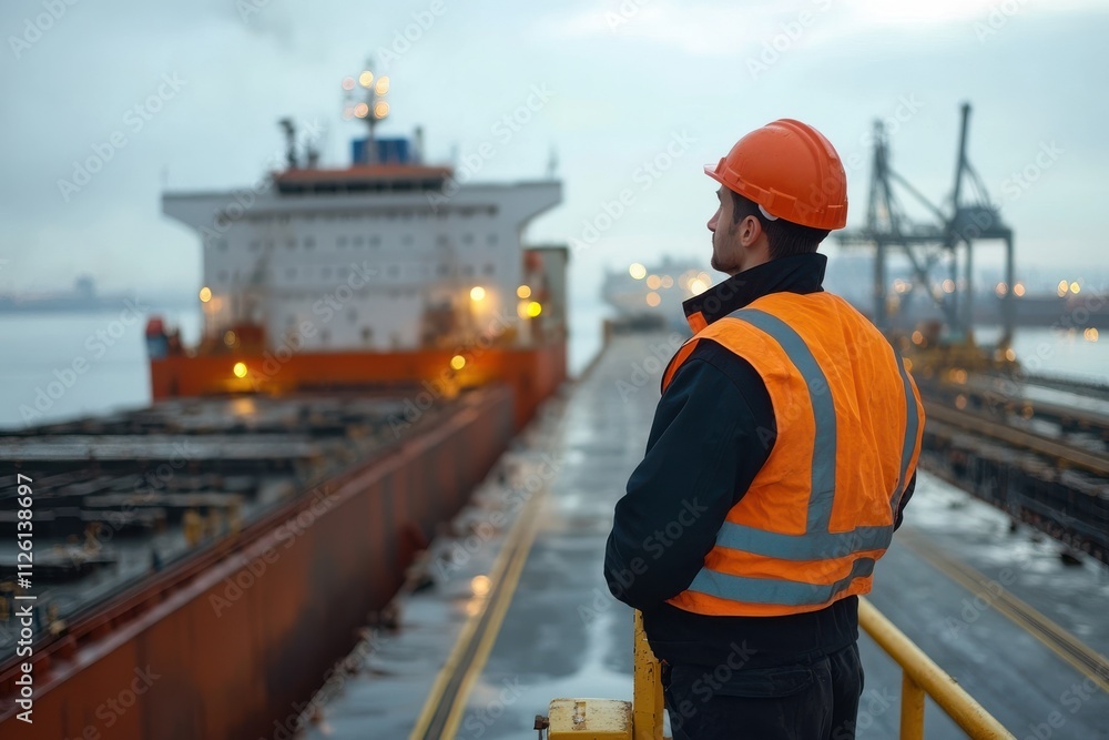 Cargo ship arrival port dock maritime industry scene dawn environment worker viewpoint shipping operations concept Cargo ship arrival port dock maritime industry scene dawn environment worker viewpoint shipping operations concept