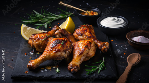 Grilled chicken drumsticks with a smoky char. photo