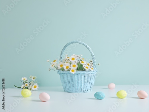 Elegant Easter basket with daisies and pastel eggs on minimalist background for holiday decor photo