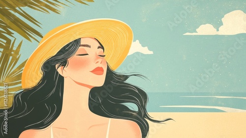 Woman Relaxing by the Beach, Summer Vibes, Tropical Illustration