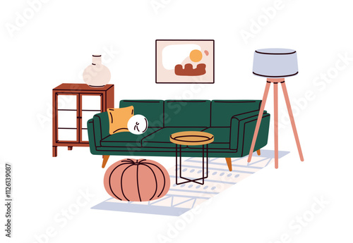 Cozy living room with comfortable sofa, cushions and coffee table. Modern interior design, couch, floor lamp, rug, picture and home decoration. Flat vector illustration isolated on white background