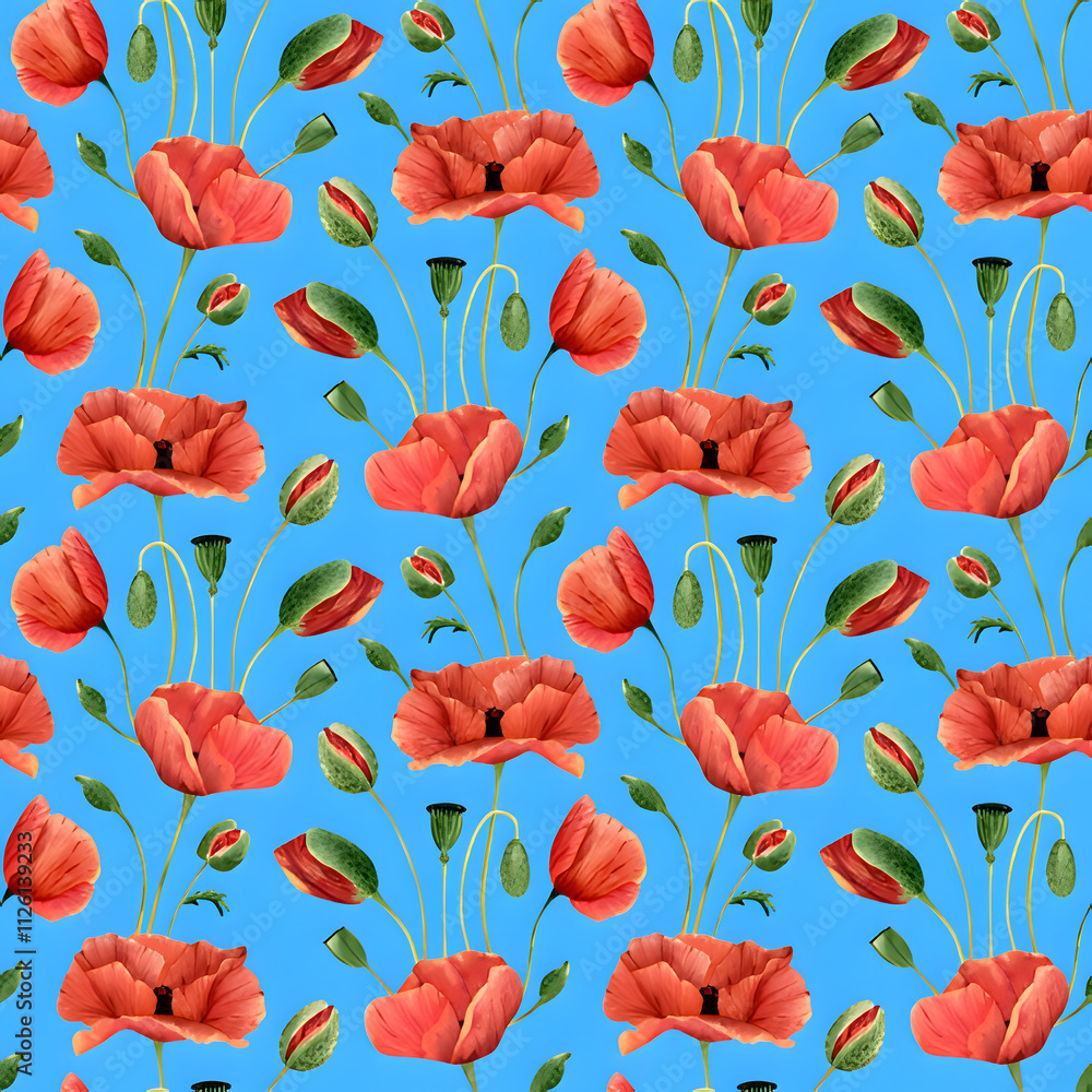 Obraz premium Seamless rich red flowers and buds pattern with light blue background