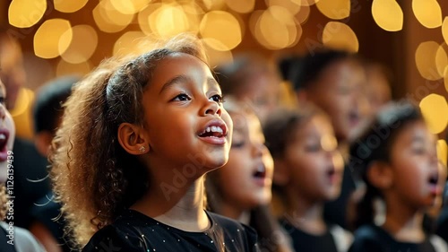 video of children singing in church choir, close up, singing, kids performing on stage, singer, girls and boys singing at school concert, african american musician