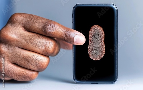 minimal photostock of a  Man using thumb to scan finger print or for digital processing  biometric identification  to access  security system includes internet banking, cloud syste photo