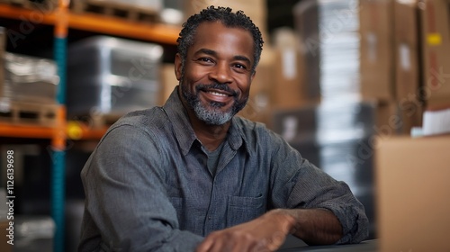 Smiling African American Warehouse Worker Sitting at His Desk in the Office