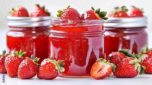 Fresh Strawberry Jam in Jars Surrounded by Ripe Strawberries