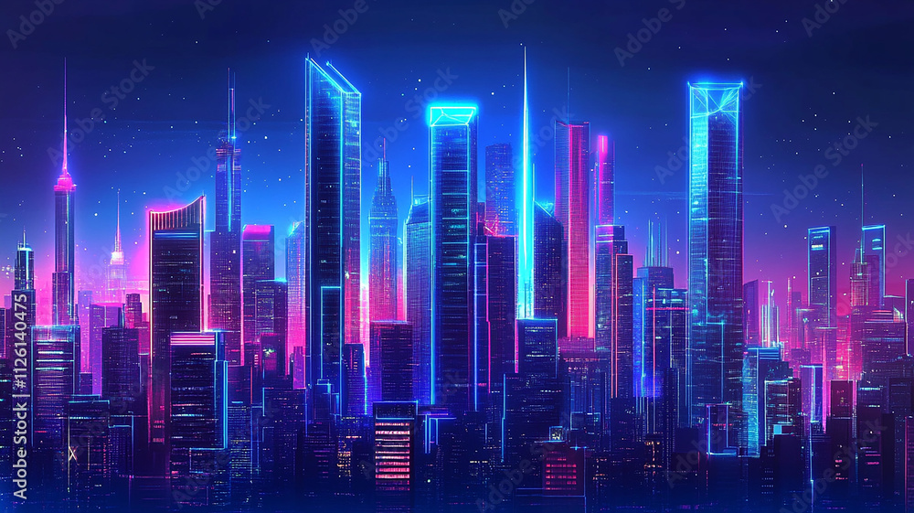Obraz premium Vibrant Futuristic City Skyline at Night with shiny and glowing neon lights, abstract ultra modern light effect of cityscape featuring sleek modern architecture illuminated by vibrant neon lights.