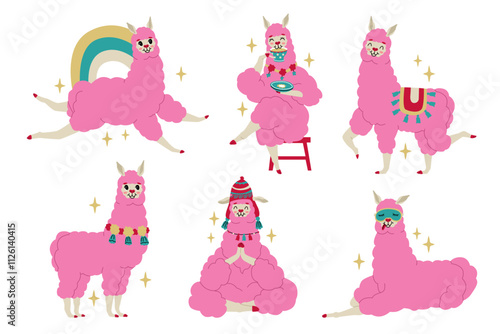 Set of pink cheerful llamas decorated with traditional South American decorative elements. Cute characters for children's T-shirts and posters. Vector illustration isolated on transparent background.