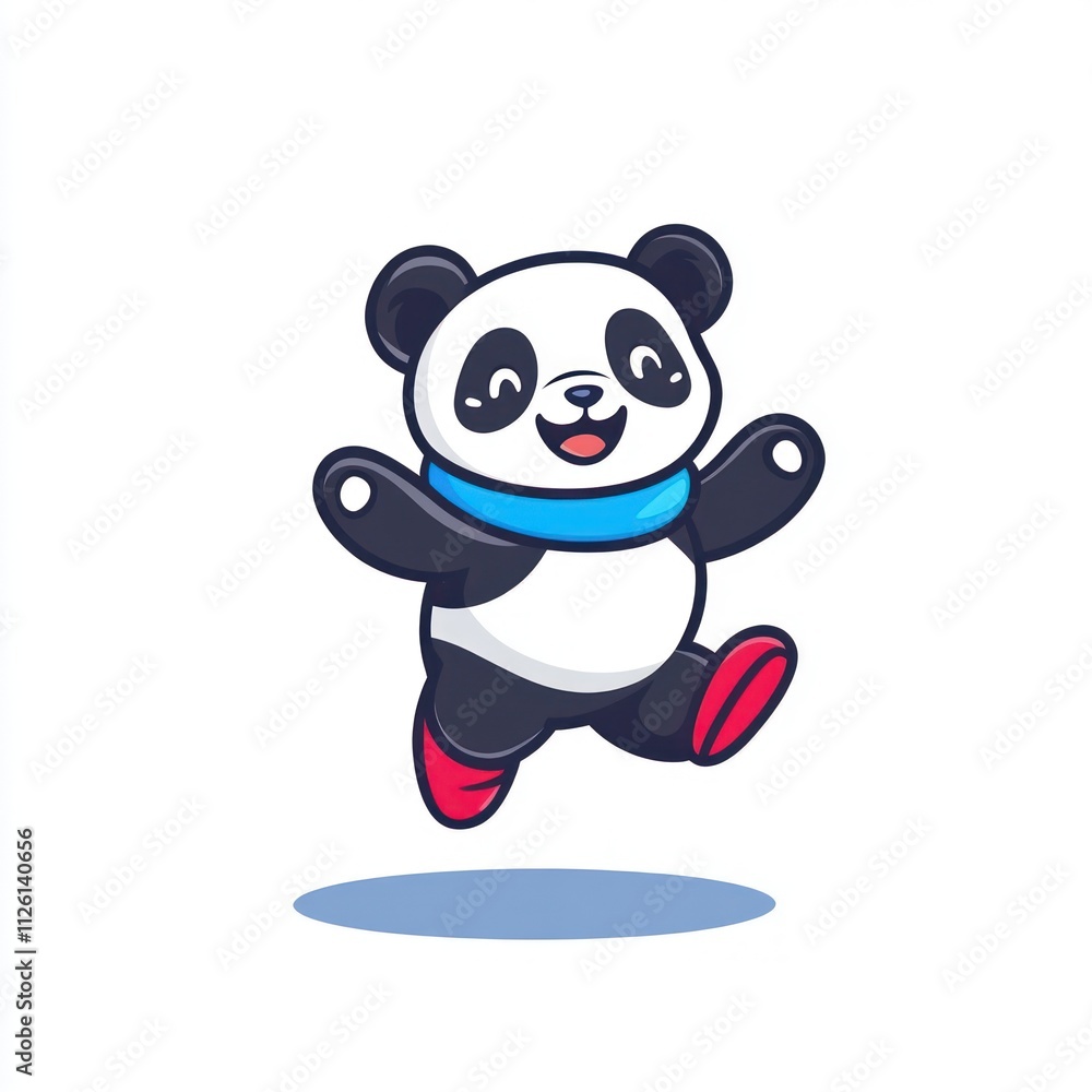 A cheerful cartoon panda character jumping with a blue scarf and red shoes. A cheerful cartoon panda character jumping with a blue scarf and red shoes.