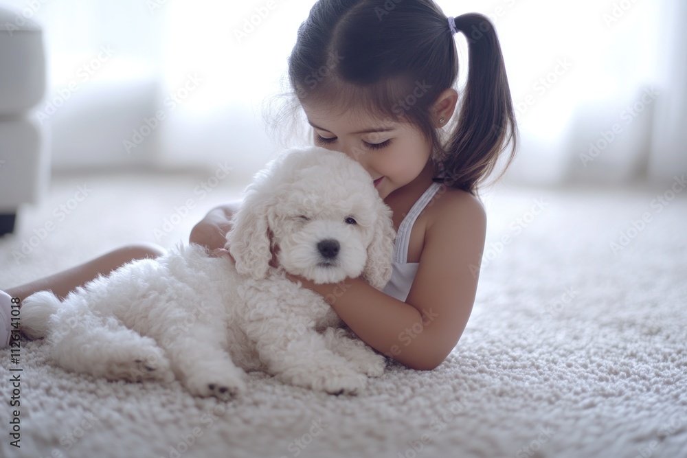 A girl cuddles a fluffy puppy on a soft carpet, showcasing a moment of affection. A girl cuddles a fluffy puppy on a soft carpet, showcasing a moment of affection.