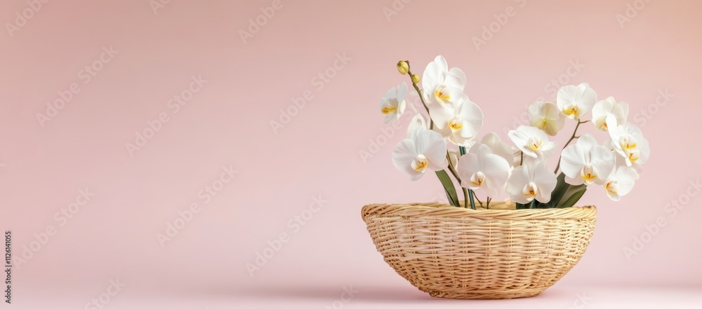 A decorative arrangement of white orchids in a woven basket against a soft pink background. A decorative arrangement of white orchids in a woven basket against a soft pink background.