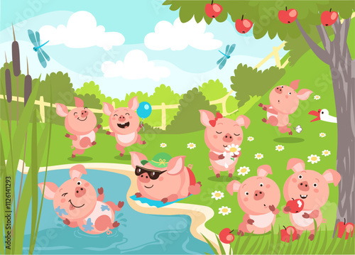 Pigs play outdoor. Farm animals having fun in nature. Frolicking in pond. Picking flowers. Happy piglets eat apples. Domestic mammals. Games at garden meadow. Splendid vector concept