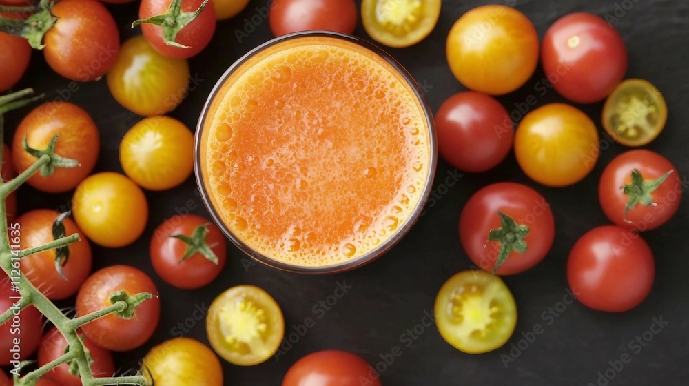 Fresh Tomato Juice Surrounded by Cherry Tomatoes on Dark Background Fresh Tomato Juice Surrounded by Cherry Tomatoes on Dark Background
