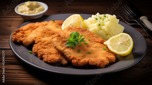 A plate of crispy chicken schnitzel with lemon wedges, served with a side of potato salad.