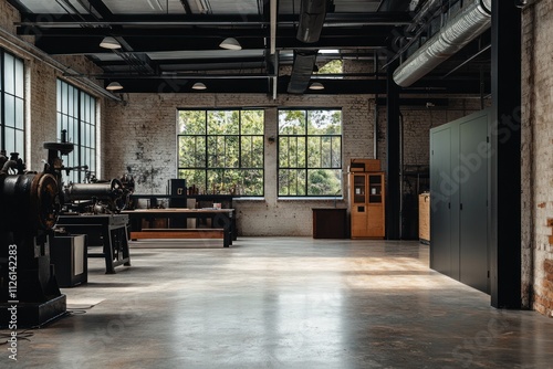 Industrial workspace with machinery, large windows, and wooden furniture.