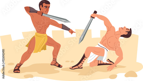 Gladiators fight scenes. Ancient Roman warriors. People in armor. Legionnaires in battlefield. Colosseum battles. Soldiers attacking and defending with weapon. Splendid vector concept