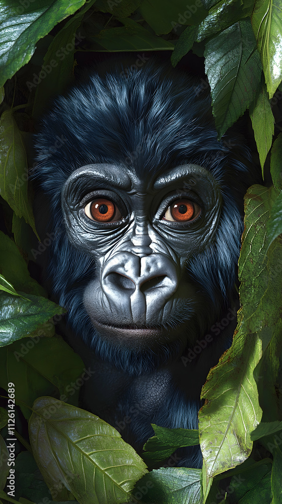 Young gorilla peering from lush green foliage. Young gorilla peering from lush green foliage.