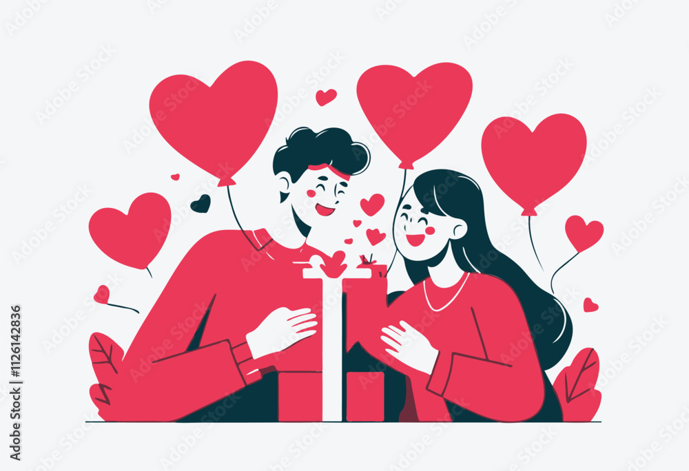 Young cute couple, young man and woman congratulate each other on Valentine's Day and give a gift, illustration