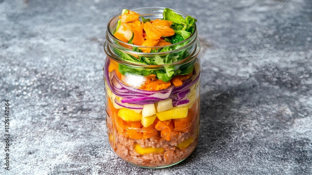 Colorful Layered Salad in Jar with Fresh Vegetables and Grains Colorful Layered Salad in Jar with Fresh Vegetables and Grains