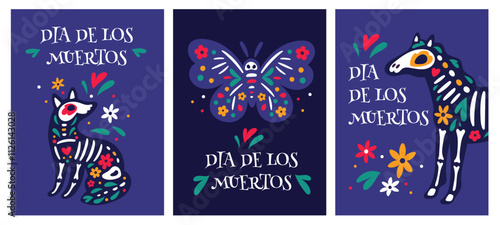 Dia de los Muertos cards. Flower skeleton animals. Mexican holiday invitation. Bones silhouettes with blossoms. Mammal skull. Dead horse and dog. Butterfly of death. Garish vector set