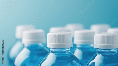 Blue Plastic Bottles with White Caps on a Light Blue Background